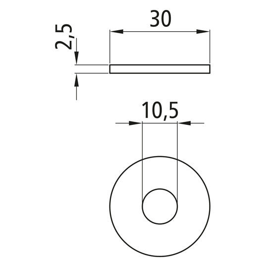 Aluslevy. sinkitty. sisä-Ø 10.5 mm. ulko-Ø 30 mm