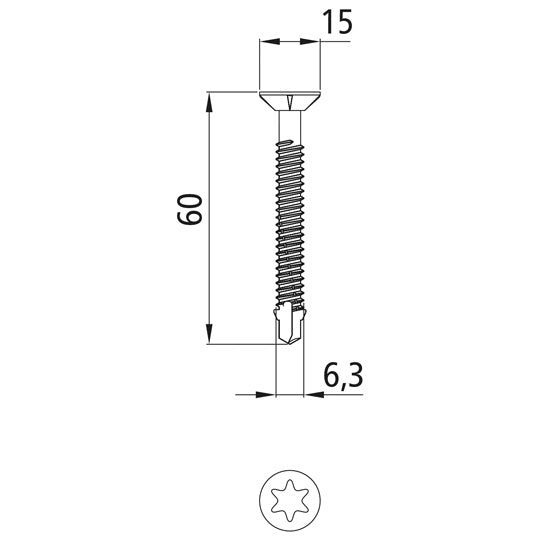 Itseporautuva ruuvi. TORX T30. 6.3 x 60 mm. sink.