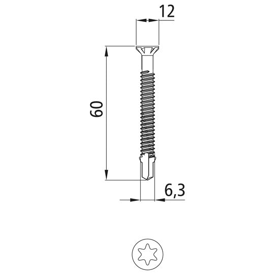 Itseporautuva ruuvi. TORX T30. 6.3 x 60 mm. sinkitty.