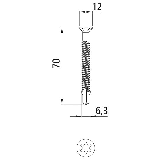 Itseporautuva ruuvi. TORX T30. 6.3 x 70 mm. sink.