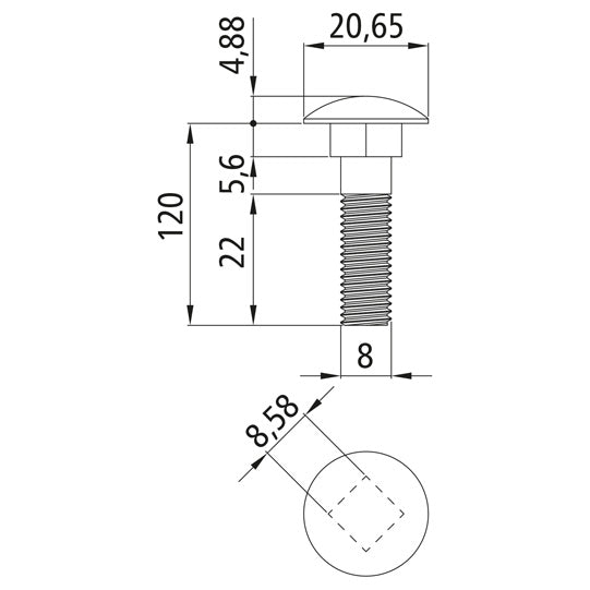 Truss-head bolt, galvanized, M8 x 120, hexagon nut