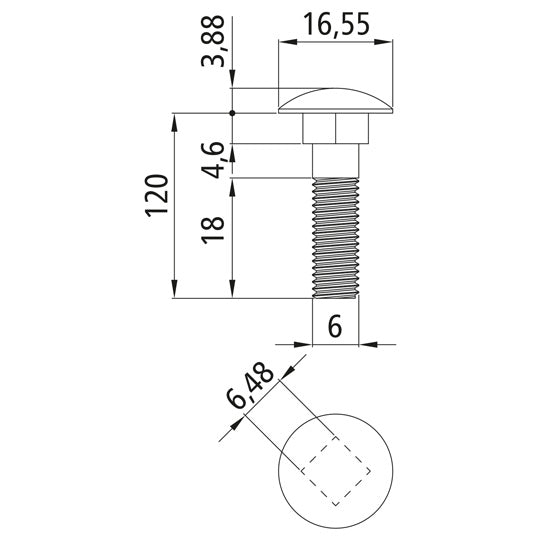 Bult med bärlager, förzinkad, M6 x 120, sexkantsmutter