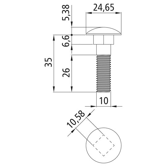 Bult med spets, förzinkad, M10 x 35, sexkantsmutter