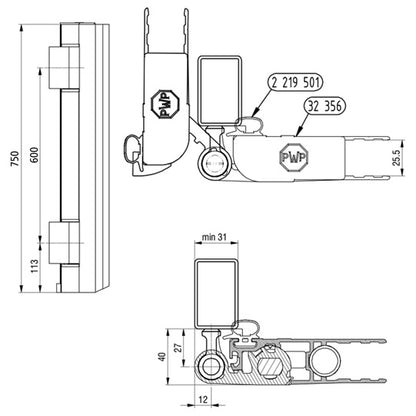 Double-joint hinge PWP, 750 mm, raw, right