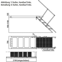 PWP pull-out staircase, 6 steps, steel fireproof, handrail left