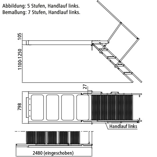 PWP pull-out staircase, 7 steps, steel fireproof, handrail left