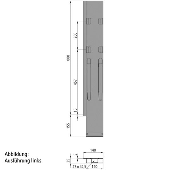 K20 Rear corner stanchion, R, stl. KTL, 800 mm, w.lock,DV