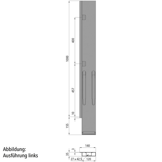 K20 Rear corner stanchion, R, KTL stl., 1000 mm, w/out lock, EV