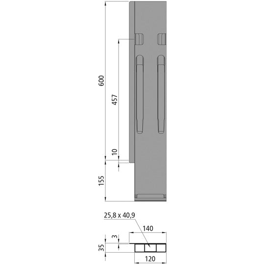 K20 rear corner pillar, L, anodized aluminium, 600mm,w.lock,DV
