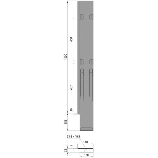 K20 rear corner pillar, L, anodized aluminium, 1000mm, w/ lock
