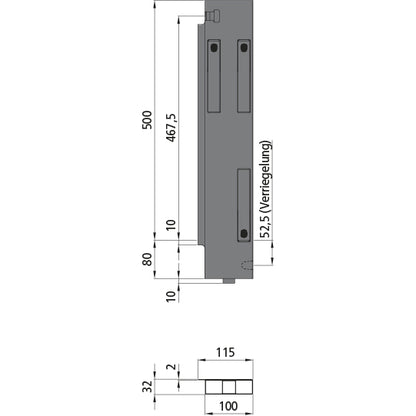 K15 Eckrunge hinten, links, Aluminium, Doppelpendel, 500 mm