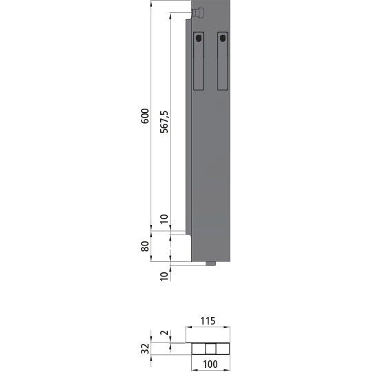 K15 Eckrunge hinten, links, Aluminium, 600 mm