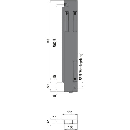 K15 Eckrunge hinten, links, Aluminium, Doppelpendel, 600 mm
