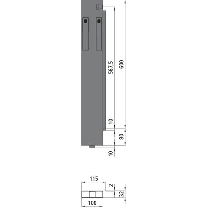 K15 Eckrunge hinten, rechts, Aluminium, 600 mm