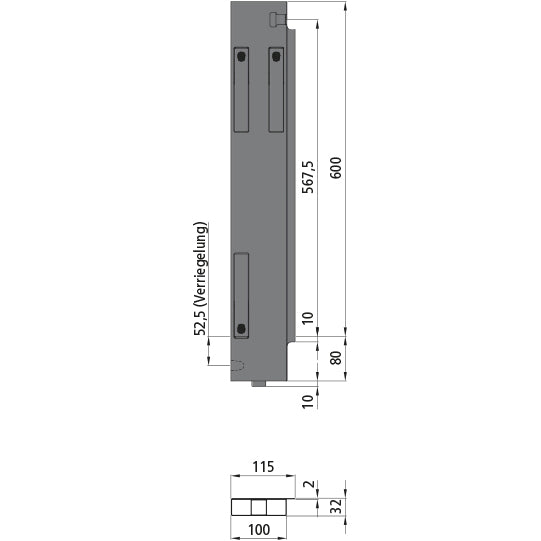K15 Eckrunge hinten, rechts, Aluminium, Doppelpendel, 600 mm