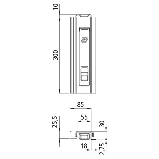 T50 long travel lock, aluminum, 300 mm, R, short pin
