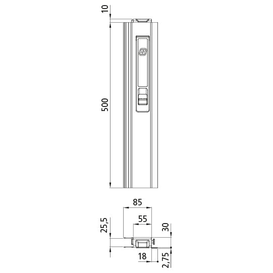T50 long way lock, aluminum, 500 mm, R, short pin