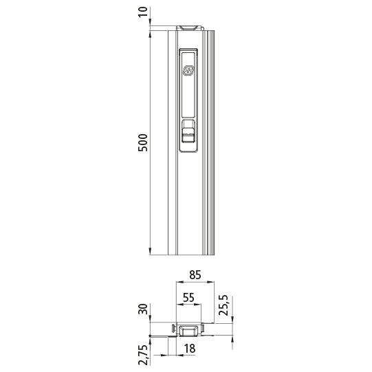 T50 long way lock, aluminum, 500 mm, L, short pin