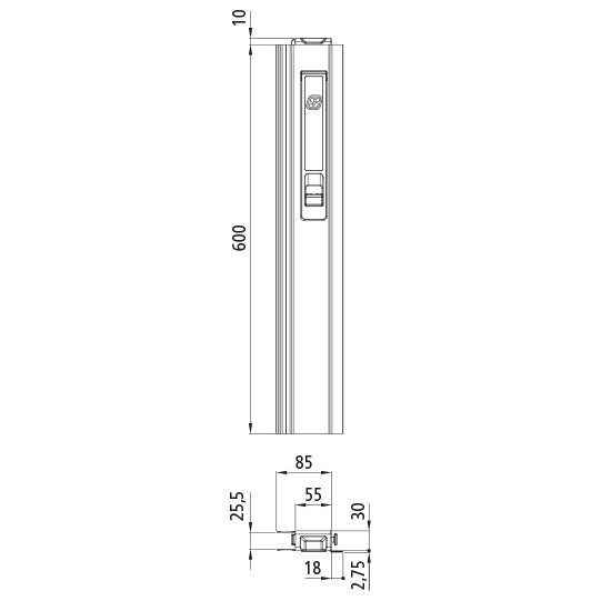 T50 long travel lock, aluminum, 600 mm, R, short pin