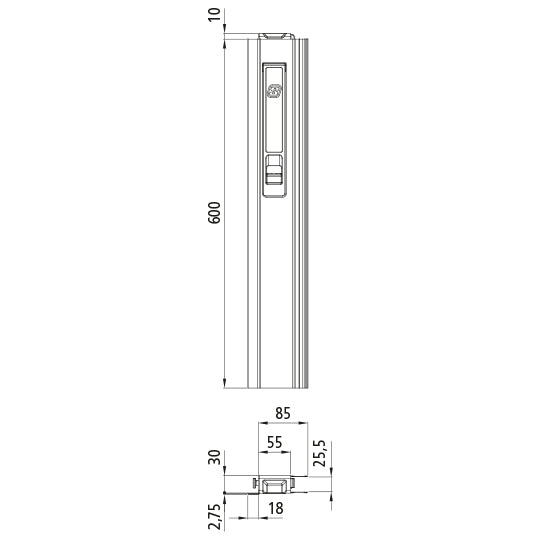 T50 long way lock, aluminum, 600 mm, L, short pin