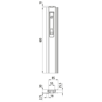 T50 long way lock, aluminum, 600 mm, L, short pin