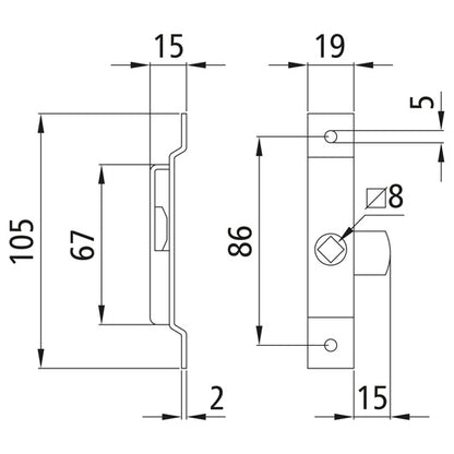 Tongue lock 105 × 19 mm, galvanised, can be used on both sides