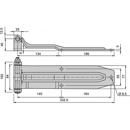 Rear door hinge, stainless, L 332.5mm, W 100/77mm, H 40mm, wide