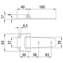Side door hinge, SS, L 140 mm, W 39/63 mm, H9 mm