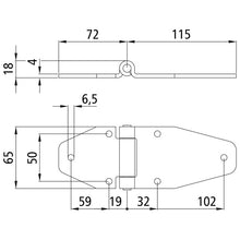 Side door hinge, SS, L 187 mm, W 65 mm, H18 mm