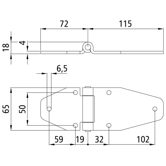 Gångjärn för sidodörr, rostfritt stål, L 187 mm, B 65 mm, H18 mm