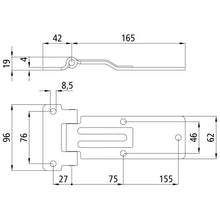 Furniture trolley hinge, stainless, L 207 mm, W 62/96 mm, H11 m
