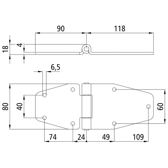 Side door hinge, SS, L 208 mm, W 80 mm, H10 mm