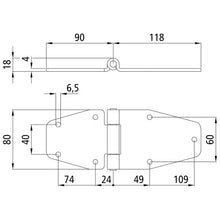 Side door hinge, SS, L 208 mm, W 80 mm, H10 mm