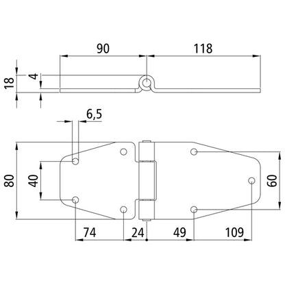 Side door hinge, SS, L 208 mm, W 80 mm, H10 mm