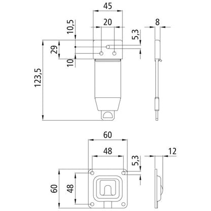 Side door ret., SS, complete, 123.5 mm