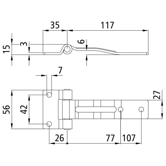 Furniture trolley hinge, stainless, L 152 mm, W 27/56 mm, H8 mm