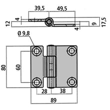 Furniture trolley hinge, SS, L 90 mm (50/40), W 80 mm, H9 mm