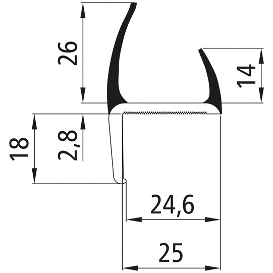 PVC hard-soft profile, grey, 25 mm, L 3000 mm