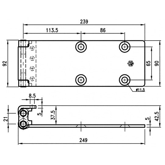 Double-jointed hinge, SS, L 249 mm, W 90 mm, H 21 mm