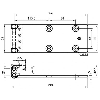 Double-jointed hinge, SS, L 249 mm, W 90 mm, H 21 mm