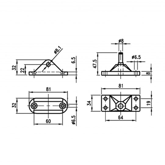 Bearing brkt/gas spring brkt, aluminum and plastic, M8 bolt