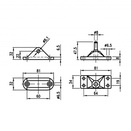 Bearing brkt/gas spring brkt, aluminum and plastic, M8 bolt