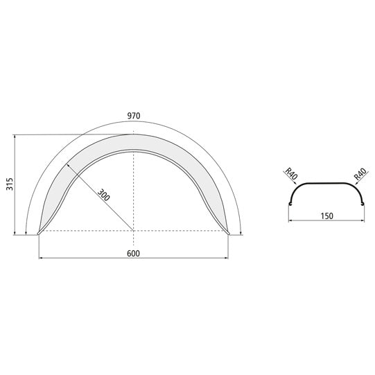 Mudguard H 1510, galvanized, 150 × 970 × 315 × 300 × 600 mm