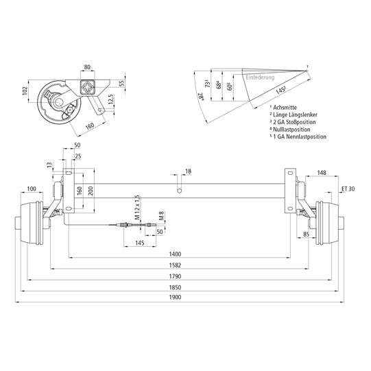 Rubber spring axle CB 1055-with brake-5/112-1400 AM/1790 track