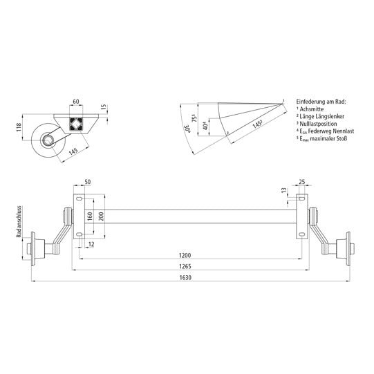 Rubber spring axle GFA 750/60 K, 5/67/112, w/o brake