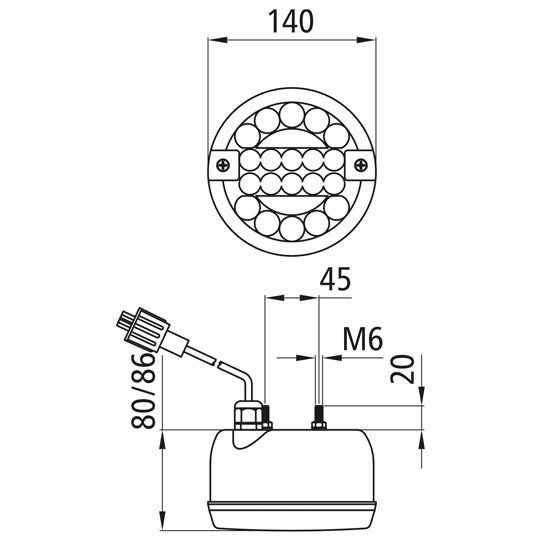 Rear fog light LED, 12/24 V, 140 Ø, 1.50 m, 2-pin ASS, OEM