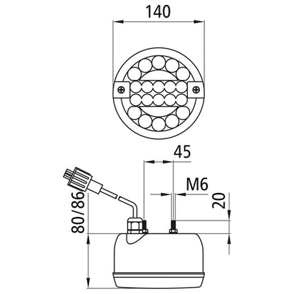 Reversing light LED, 12/24 V, 140 mm Ø, 1.50 m, 2-pin ASS, OEM