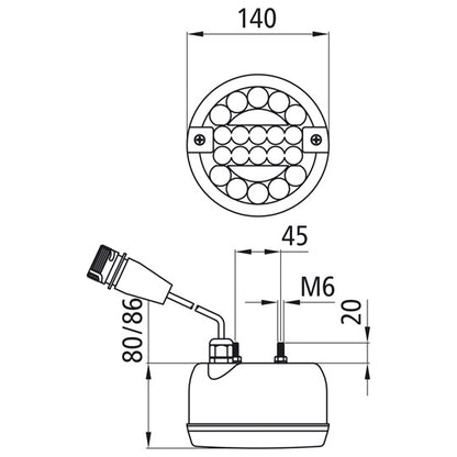 Rear fog light LED, 12/24 V, 140 mm Ø, 0.15 m, 7-pin ASS