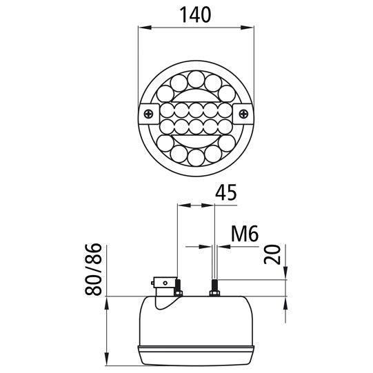 Rear fog light LED, 12/24 V, 140 mm Ø, 8-pin bayonet
