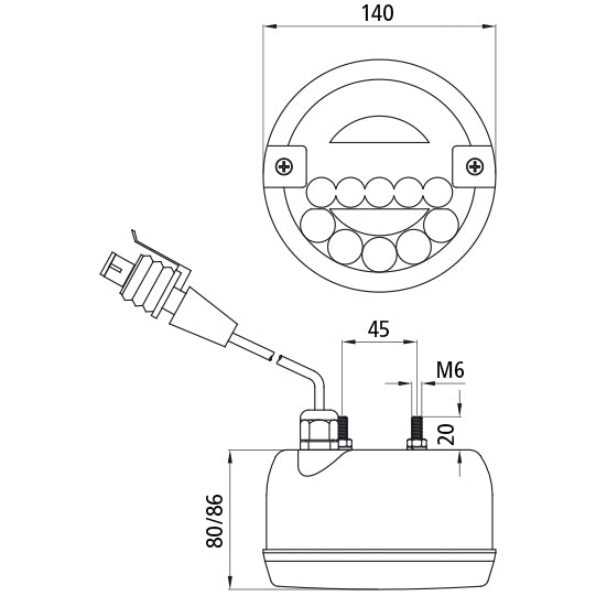 2-function light LED, 12/24 V, 140 mm Ø, 0.58 m, 3-pin AMP